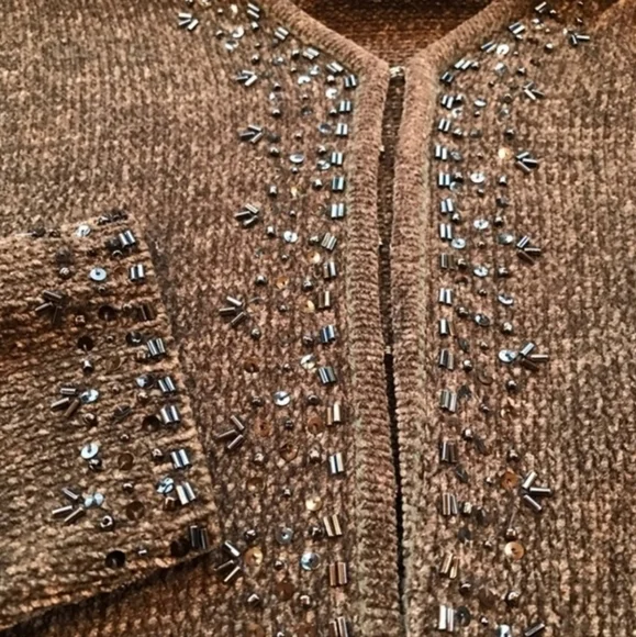 Beaded Cardigan Sweater Nwot Chenille Type Material Nuetral Gray Color Medium - Picture 2 of 2